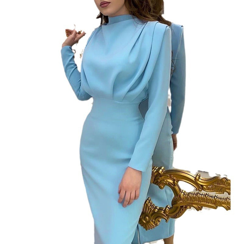 Ladies Tailored Midi Dress with Draping on the Bodice and Stand Collar Mune Fashion