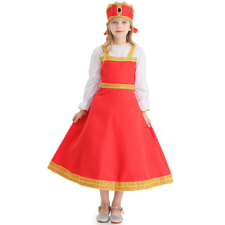 Girl Fairy Tale Costume with Elegant Ruffles and Golden Accents Mune Fashion