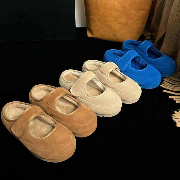 Women's Cozy Velour Mary Jane Slippers with Teddy Lining and Velcro Mune Fashion