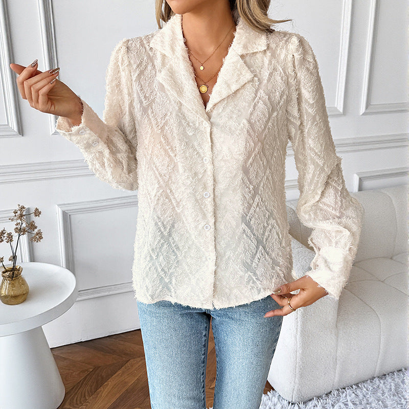 Women's Textured Chiffon Blouse with Lapel Collar and Textured Pattern Mune Fashion