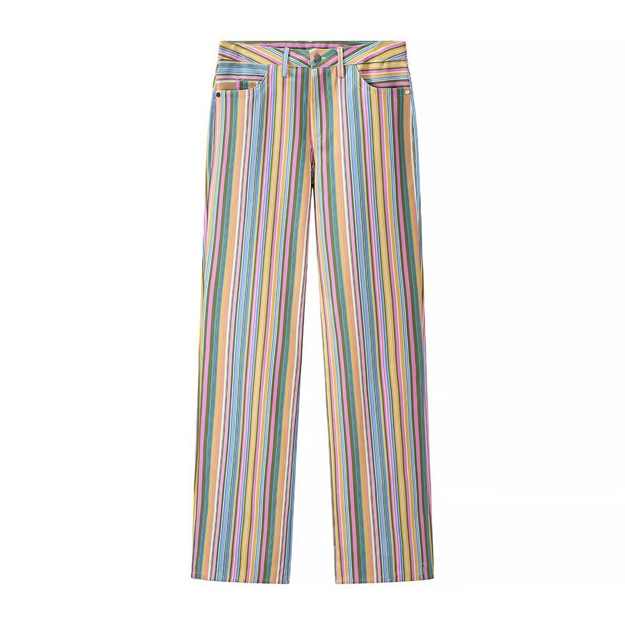 Women's Striped High-Waist Straight Pants with Straight Leg, High Waist, and Five-Pocket Details Mune Fashion