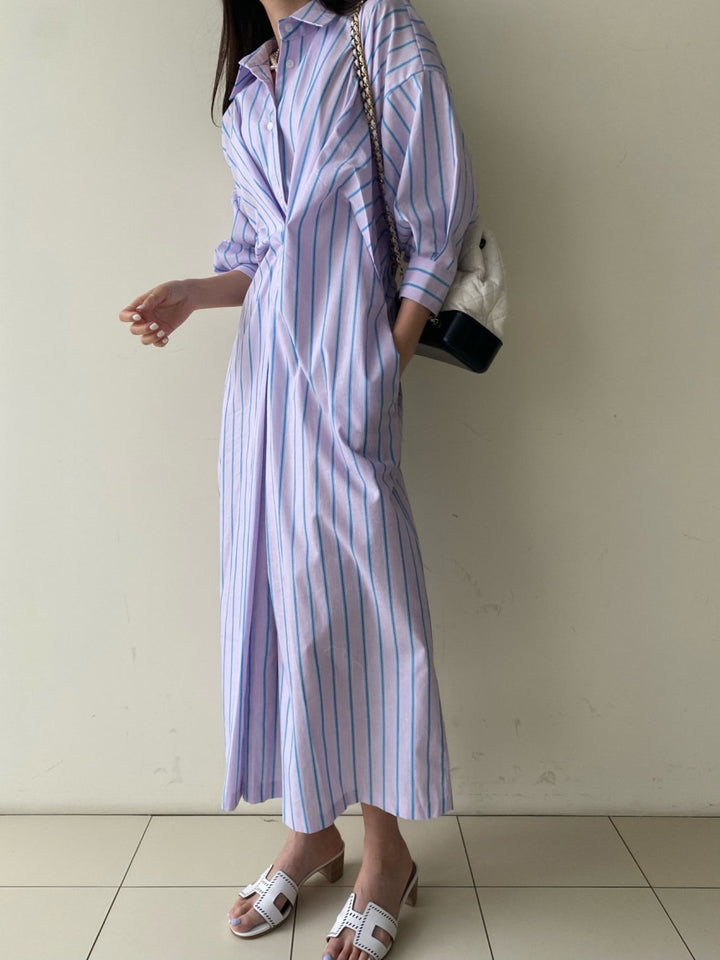 Women Striped Shirt Dress Maxi with Concealed Button Placket and Side Pockets Mune Fashion