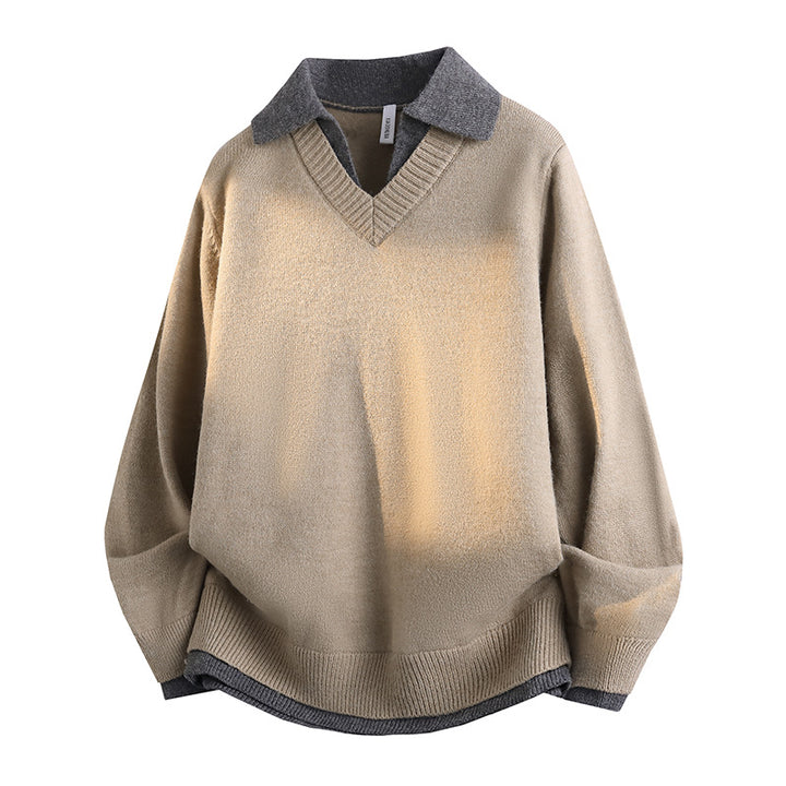 Unisex Casual Structured Knit Sweater with Open Polo Collar and Deep V-Neck Mune Fashion