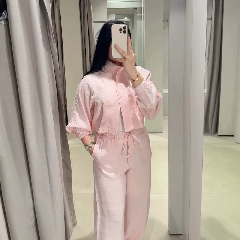 Women’s Casual Satin Tracksuit with Short Zipper Top & Wide Drawstring Pants Mune Fashion