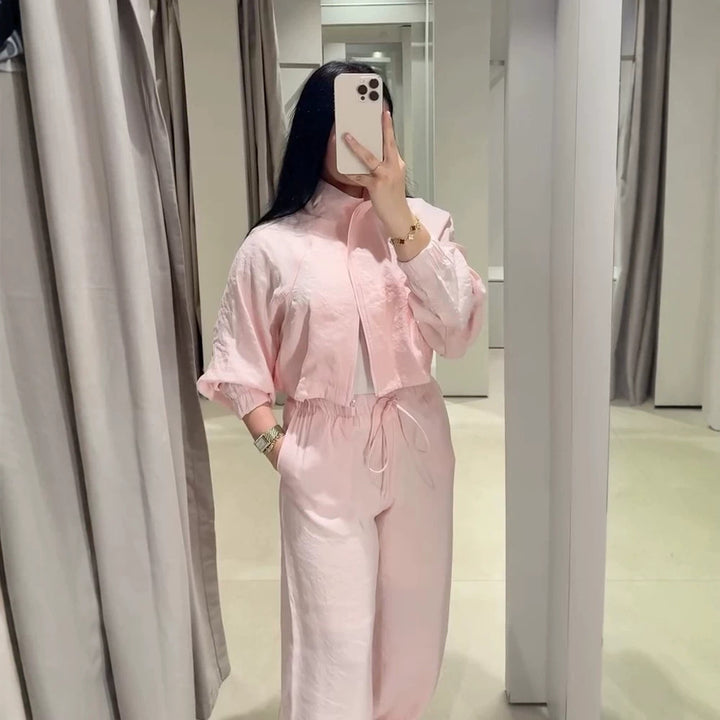 Women’s Casual Satin Tracksuit with Short Zipper Top & Wide Drawstring Pants Mune Fashion