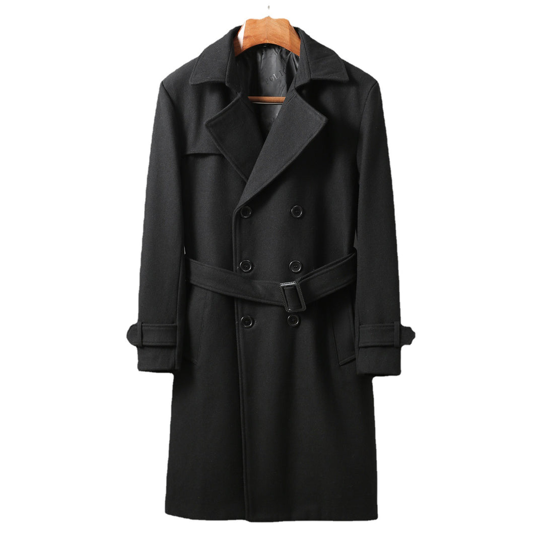 Men's Maxi Long Wool Coat in Trench Look with Double-Breasted Button Placket and Tie Belt Mune Fashion