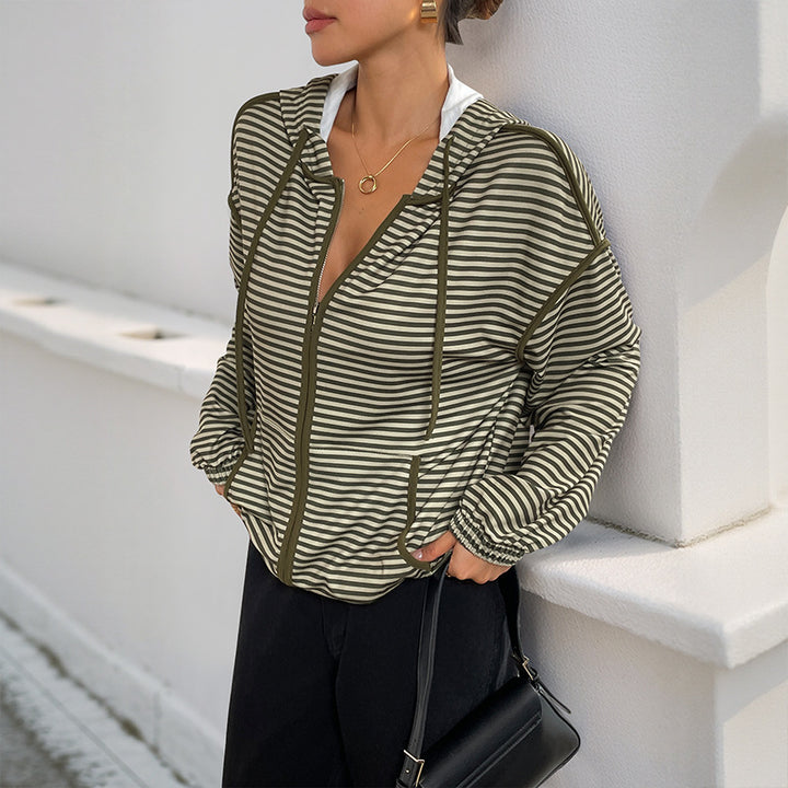 Women's Fashionable Hooded Jacket with Stripes Mune Fashion