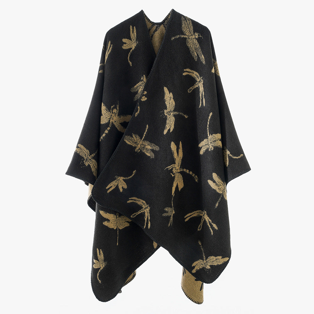 Women's Wool Blend Poncho with Dragonfly Jacquard and Open Waterfall Cut Mune Fashion