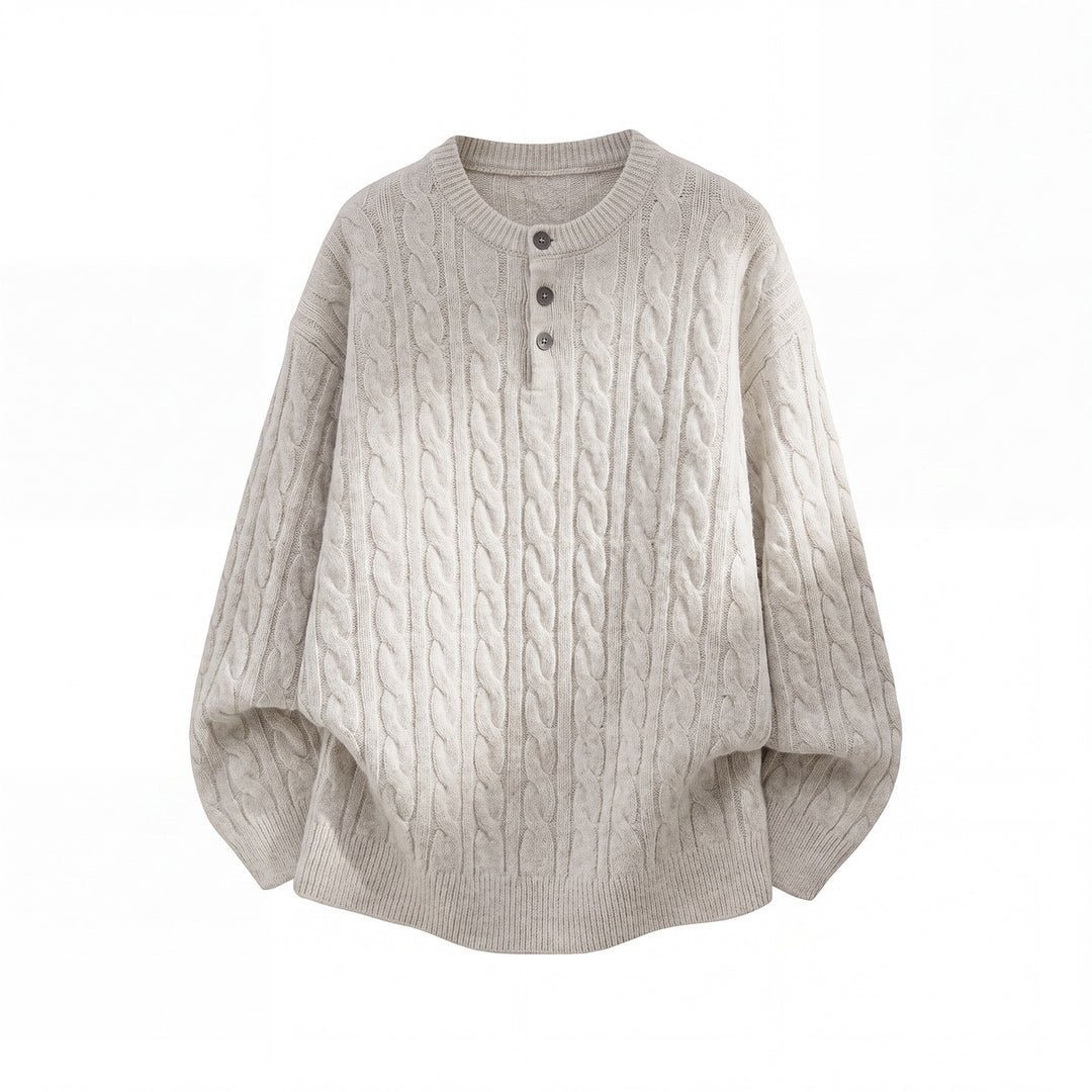 Unisex Oversize Cable Knit Sweater with Henley Button Placket Mune Fashion
