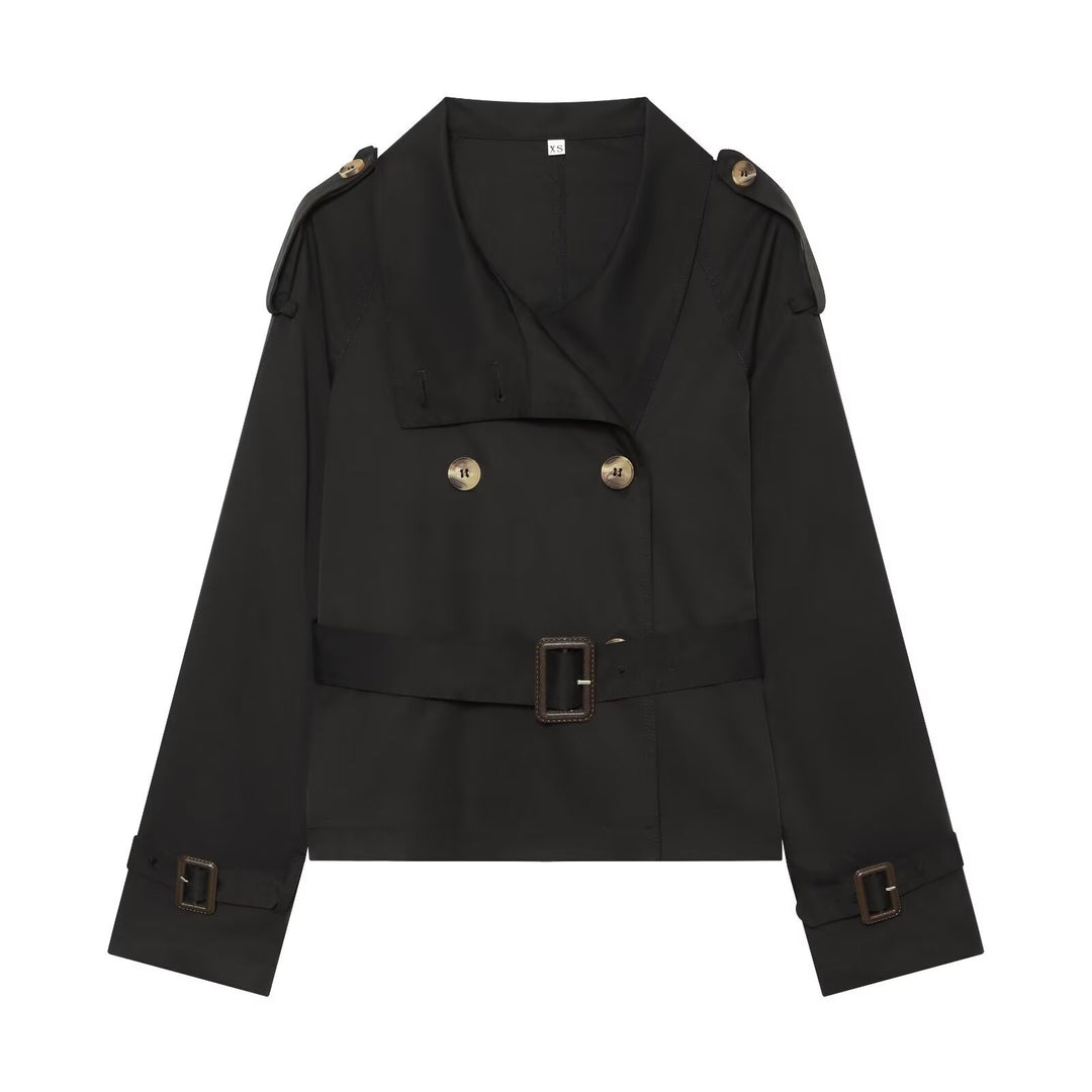 Women's Short Trench in Boxy Style with Double-Breasted Closure, Buckle Sleeves and Waist Belt Drune