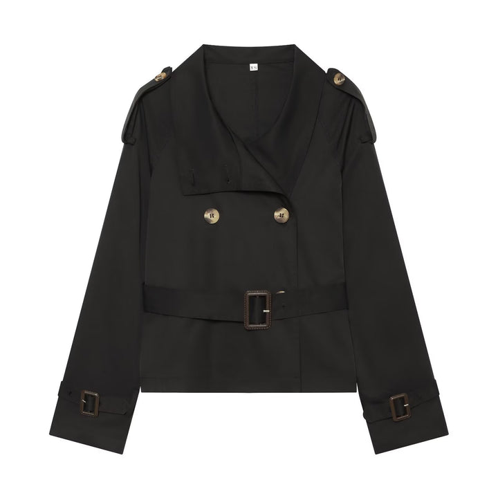Women's Short Trench in Boxy Style with Double-Breasted Closure, Buckle Sleeves and Waist Belt Drune