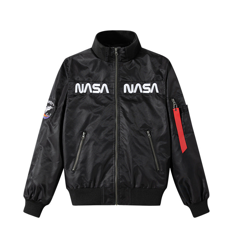 Men's  space-inspired insulated zip-front utility jacket with embroidered chest patches Mune Fashion