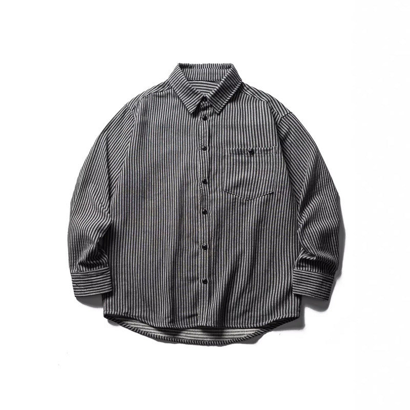Men's loose-fitting striped cotton blend shirt with chest pocket and extended back Mune Fashion