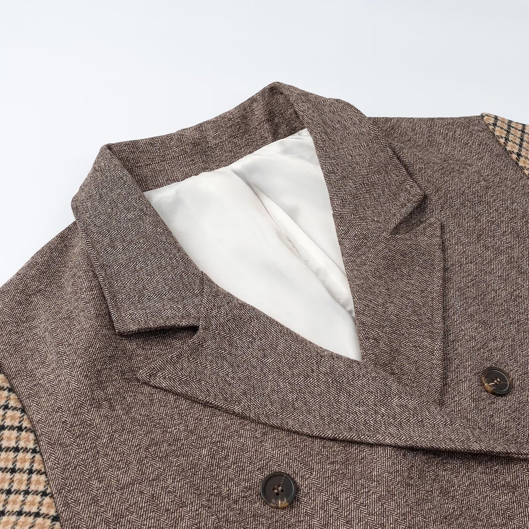 Women's elegant long coat with double-breasted, contrast sleeves and Glencheck details Mune Fashion