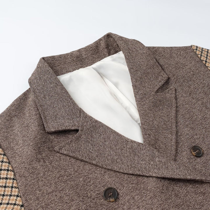 Women's elegant long coat with double-breasted, contrast sleeves and Glencheck details Mune Fashion