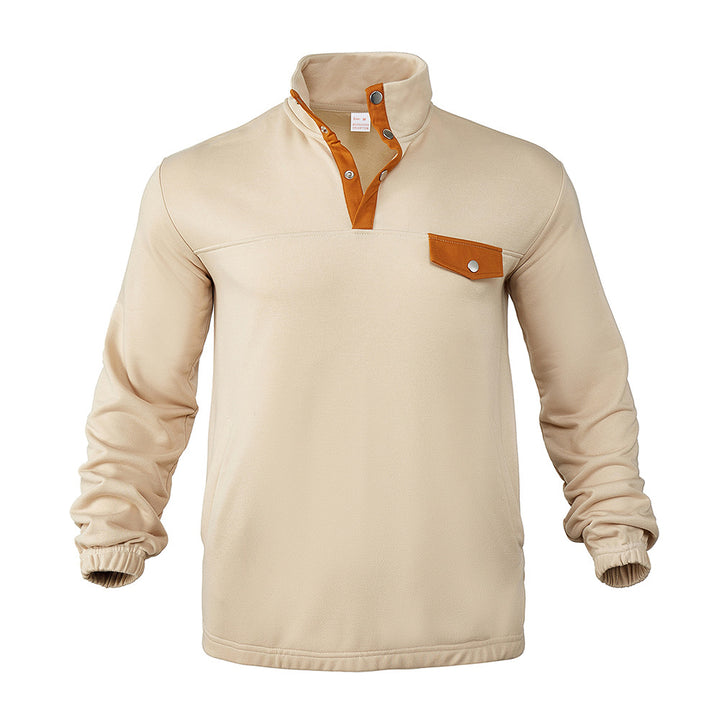 Men's Stand Collar Henley Sweatshirt with Snap Placket and Patch Chest Pocket Mune Fashion