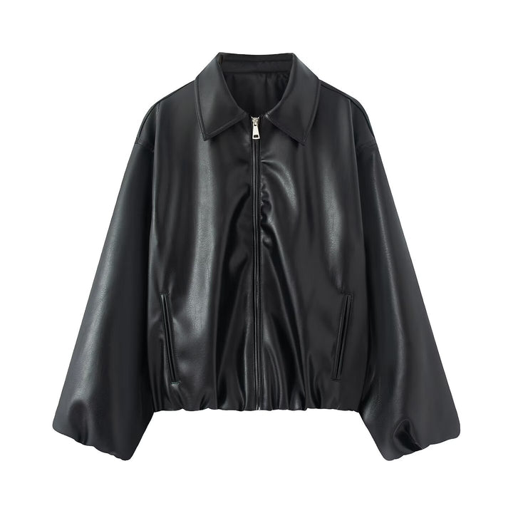 Women Oversize Faux Leather Blouson with Zipper and Elastic Hem Mune Fashion