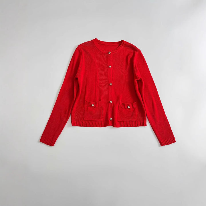 Women Fine Knit Cardigan with Decorative Buttons, Round Neckline and Patch Pockets Mune Fashion