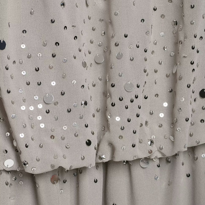 Women flowy chiffon mini dress with off-shoulder neckline, ruffles and sequins Mune Fashion