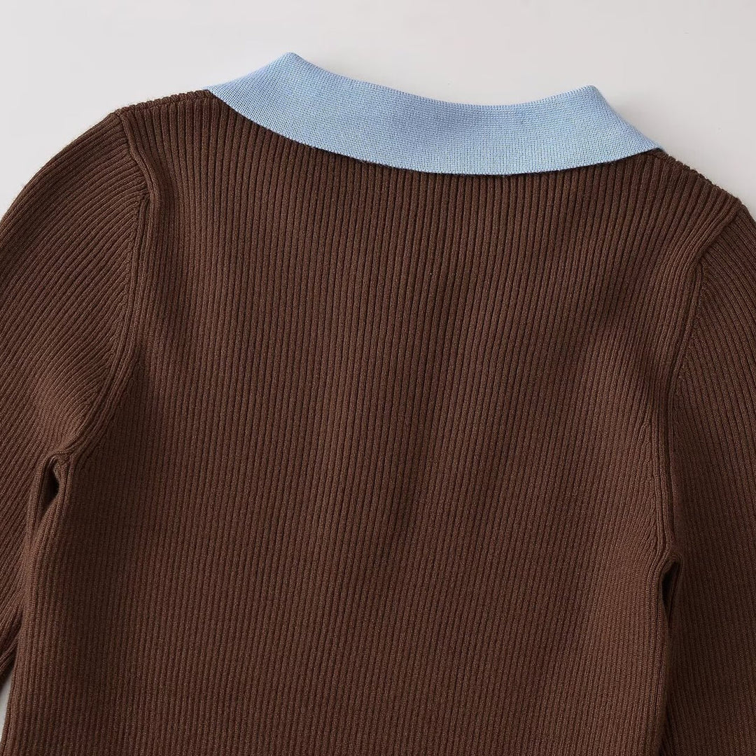 Women's figure-hugging ribbed knit sweater with polo collar, button placket, and color block details Mune Fashion