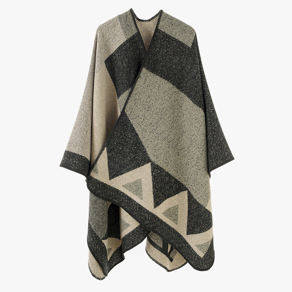 Women's Versatile Wool Blend Throw Poncho with Geometric Jacquard and Open Front