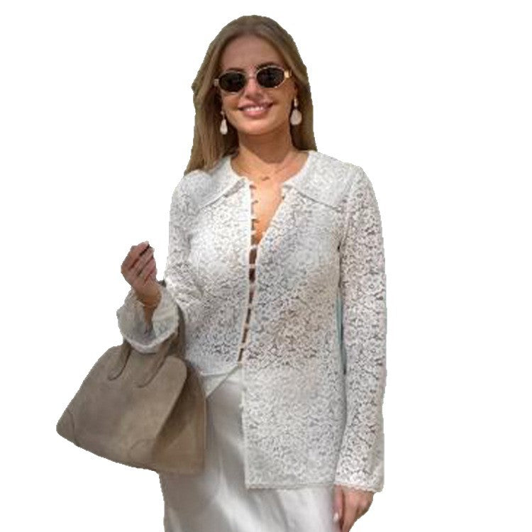 Women's lace blouse with floral lace, shirt collar and fabric ball button placket Mune Fashion