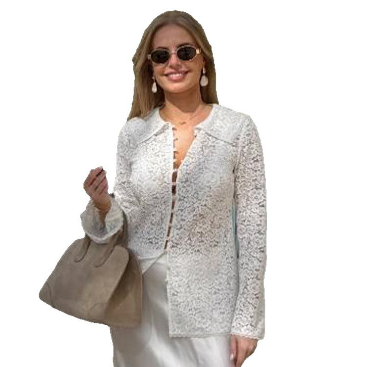 Women's lace blouse with floral lace, shirt collar and fabric ball button placket Mune Fashion