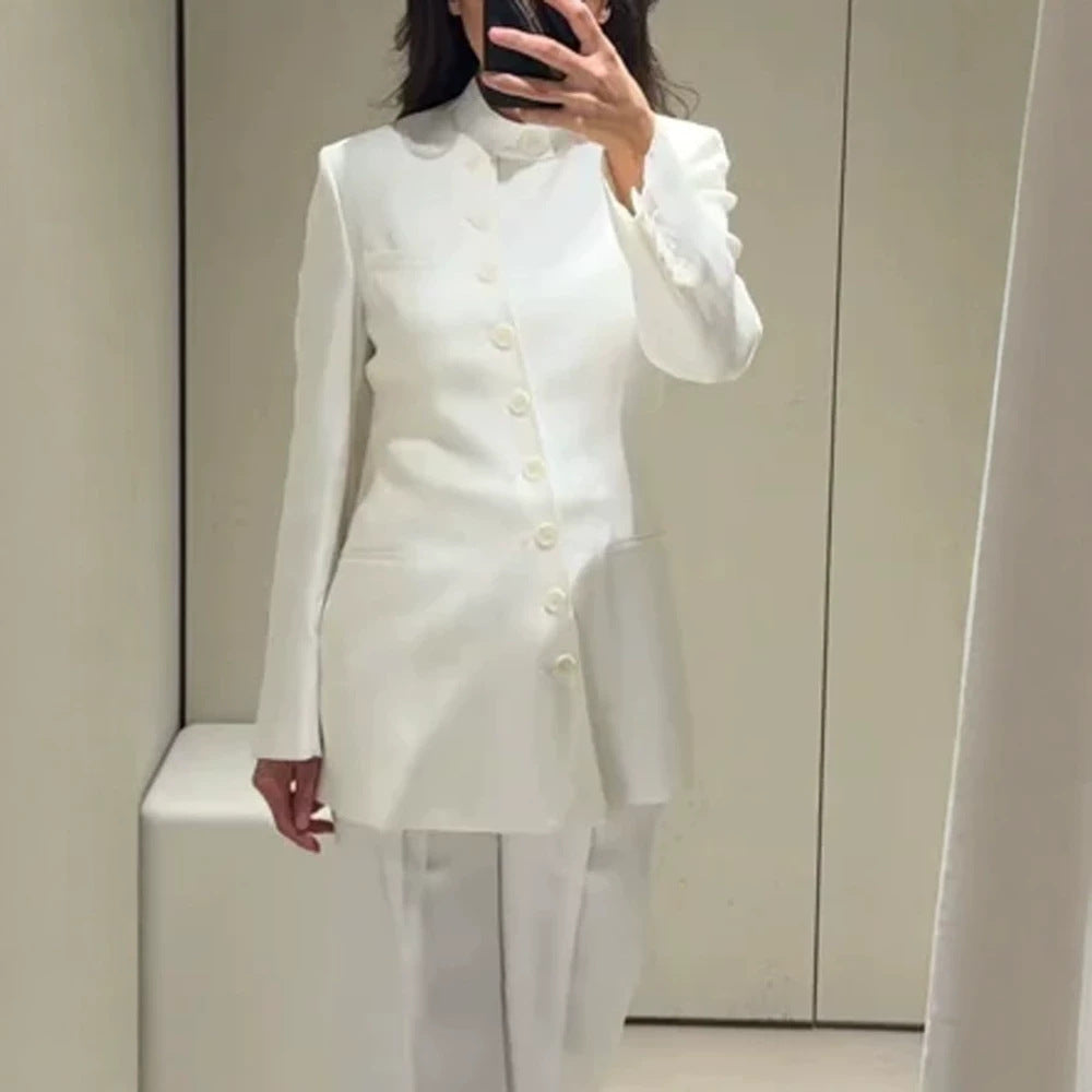 Women Longline Blazer with Stand Collar and Slim Silhouette Mune Fashion