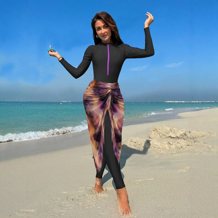 Women's Fashionable UV Protection Swimsuit with Long Sleeve and Asymmetrical Skirt Mune Fashion
