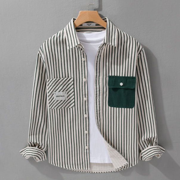 Men Striped Overshirt with Contrast Chest Pockets and Kent Collar made of Cotton Blend Mune Fashion
