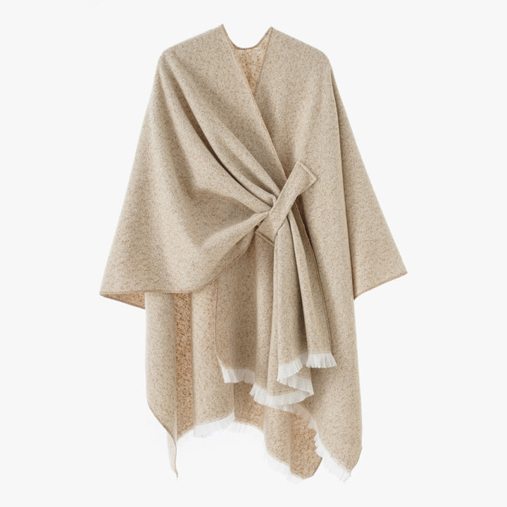 Women's wool blend cape with tie loop and fringe hem Mune Fashion