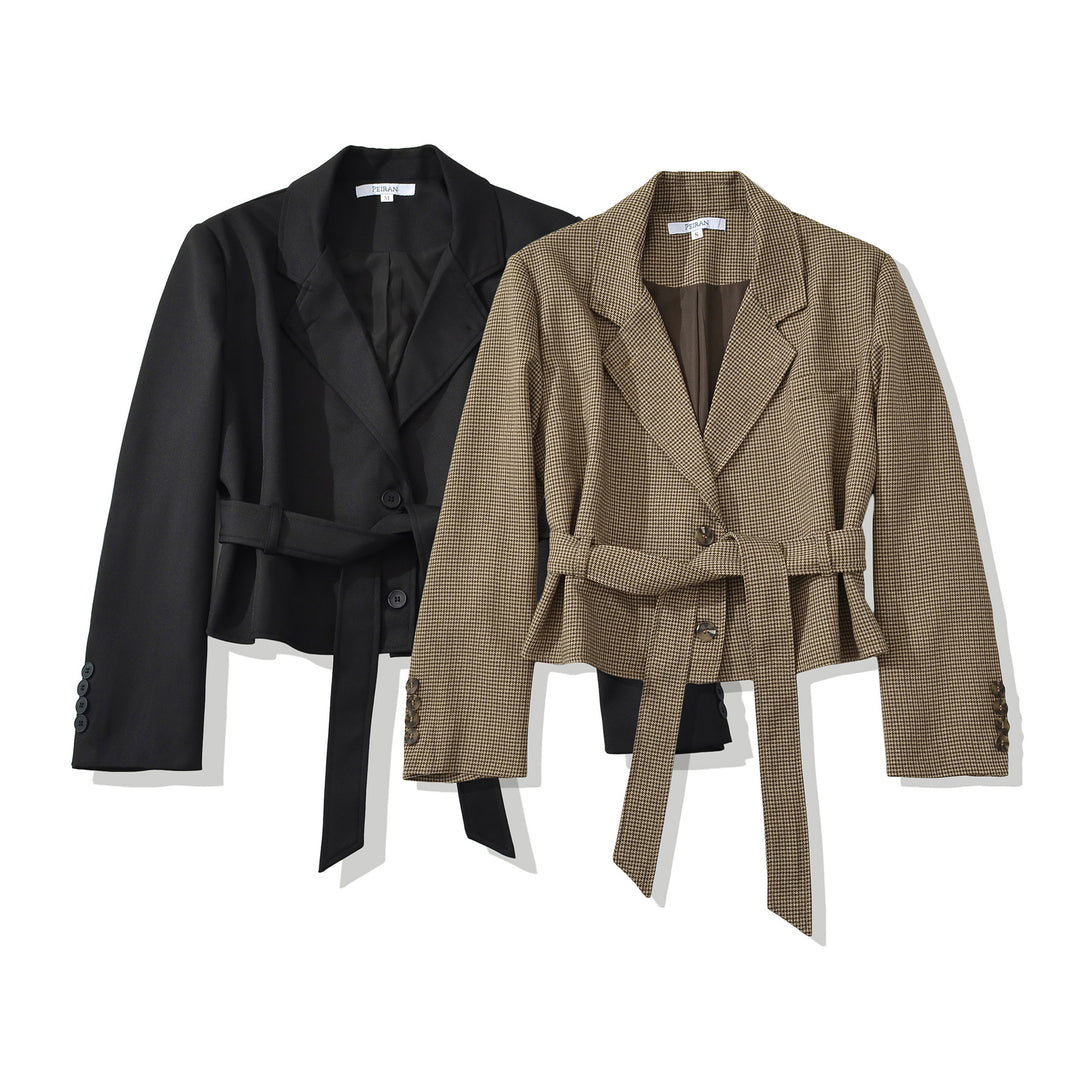 Women Cropped Blazer with Waist Belt, Houndstooth Pattern and Lapel Collar Mune Fashion