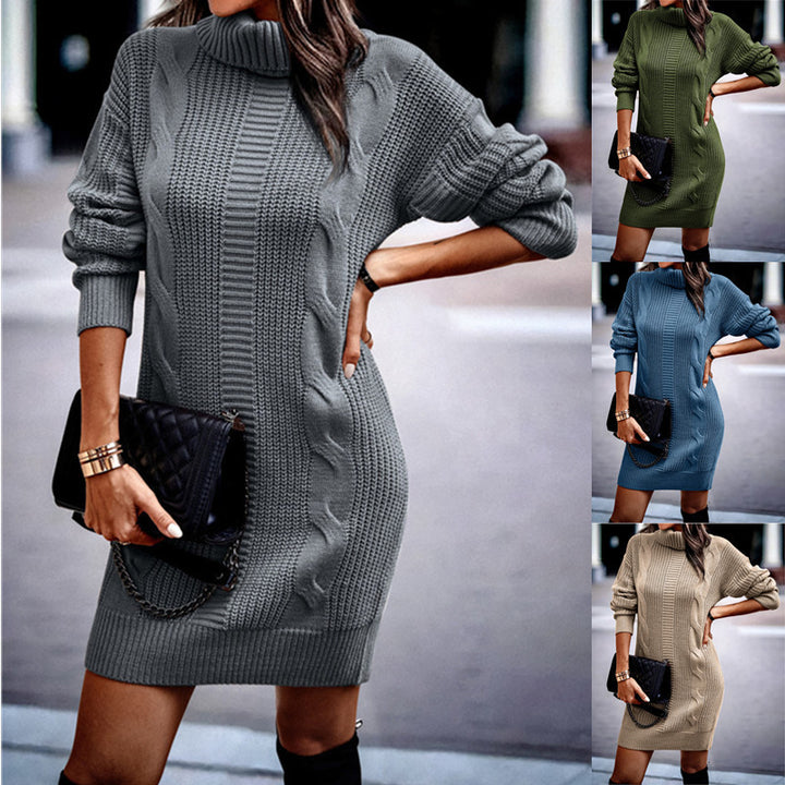 Women's cozy knitted dress with roll neck, cable pattern, and oversized silhouette Mune Fashion