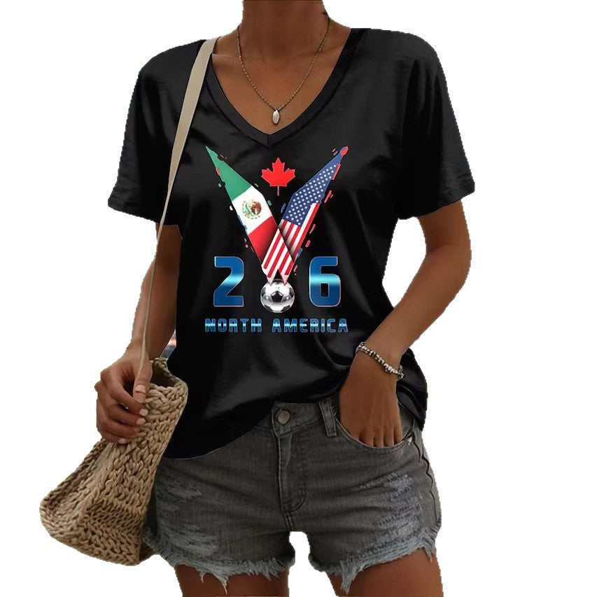Women’s V-neck Retro Print T-shirt with Eagle Emblem and vintage-inspired Graphic Mune Fashion