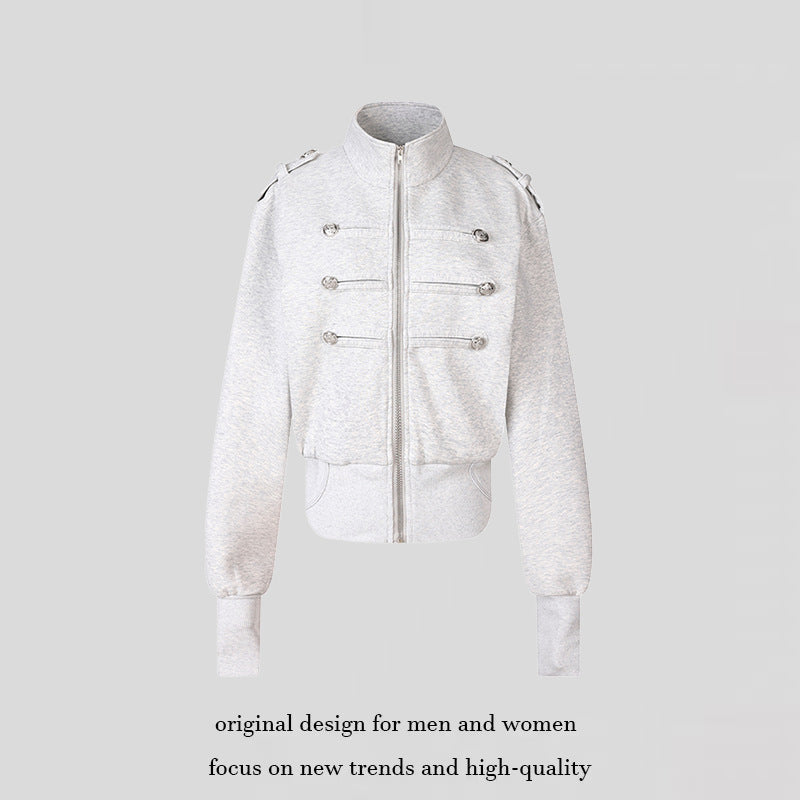 Women's Short Sweat Jacket in Military Style with Stand-Up Collar and Decorative Patches Mune Fashion