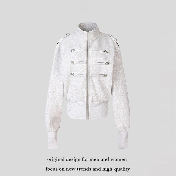 Women's Short Sweat Jacket in Military Style with Stand-Up Collar and Decorative Patches Mune Fashion