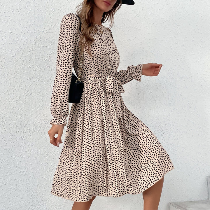 Women Elegant Pleated Midi Dress with Waist Sash, Ruffled Puff Sleeves and A-Line Skirt