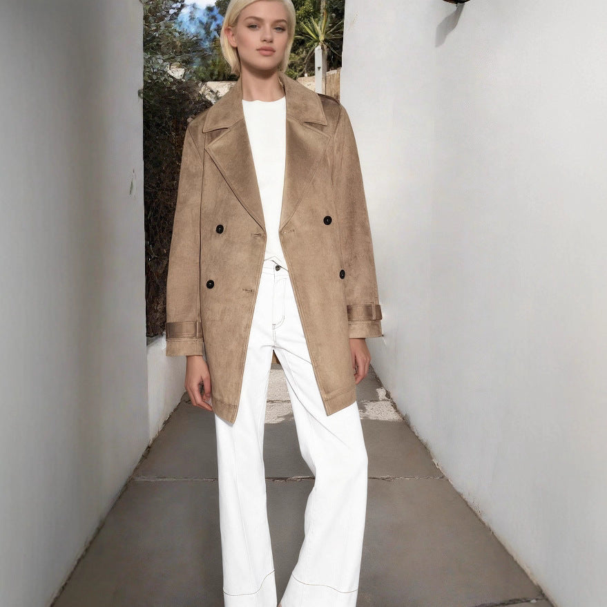 Women's Double Breasted Suede Effect Trench Coat with Waist Belt Mune Fashion