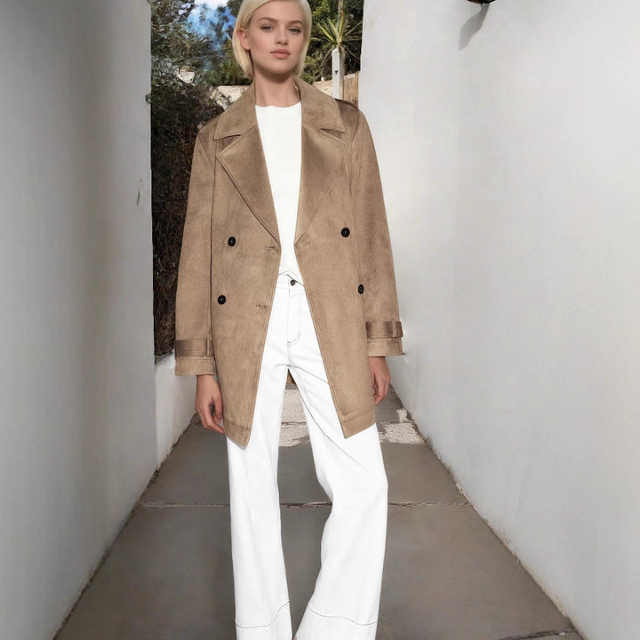 Women's Double Breasted Suede Effect Trench Coat with Waist Belt Mune Fashion