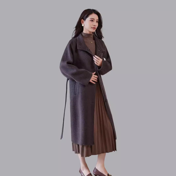 Women's Oversized Wool Coat with Stand-up Collar and Waist Belt Mune Fashion