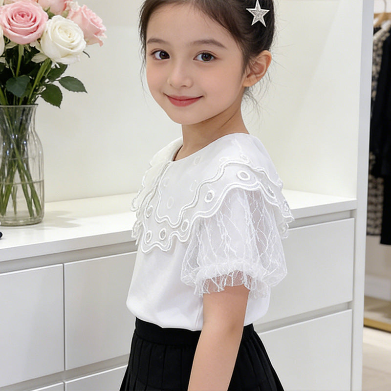 Girl T-Shirt with elegant lace collar and airy sleeves Mune Fashion