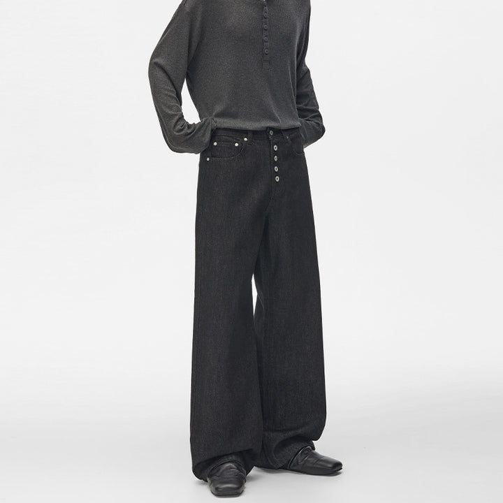 Men's High-Waisted Wide Denim Pants with Visible Button Placket and Extra Long Hem Mune Fashion