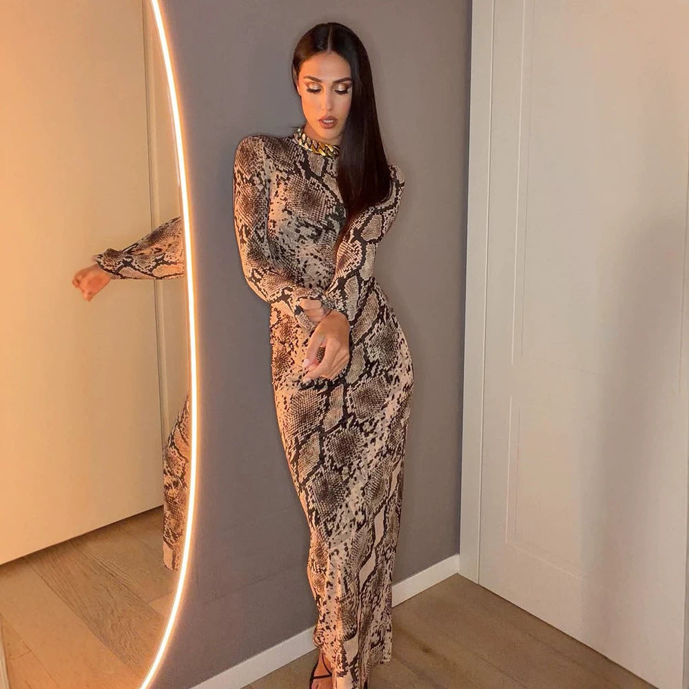 Women's Figure-Hugging Midi Dress with Snake Print, Tailored Draping and Long Sleeve Cut Mune Fashion