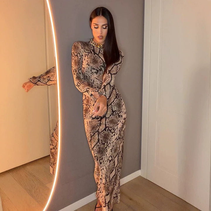 Women's Figure-Hugging Midi Dress with Snake Print, Tailored Draping and Long Sleeve Cut Mune Fashion