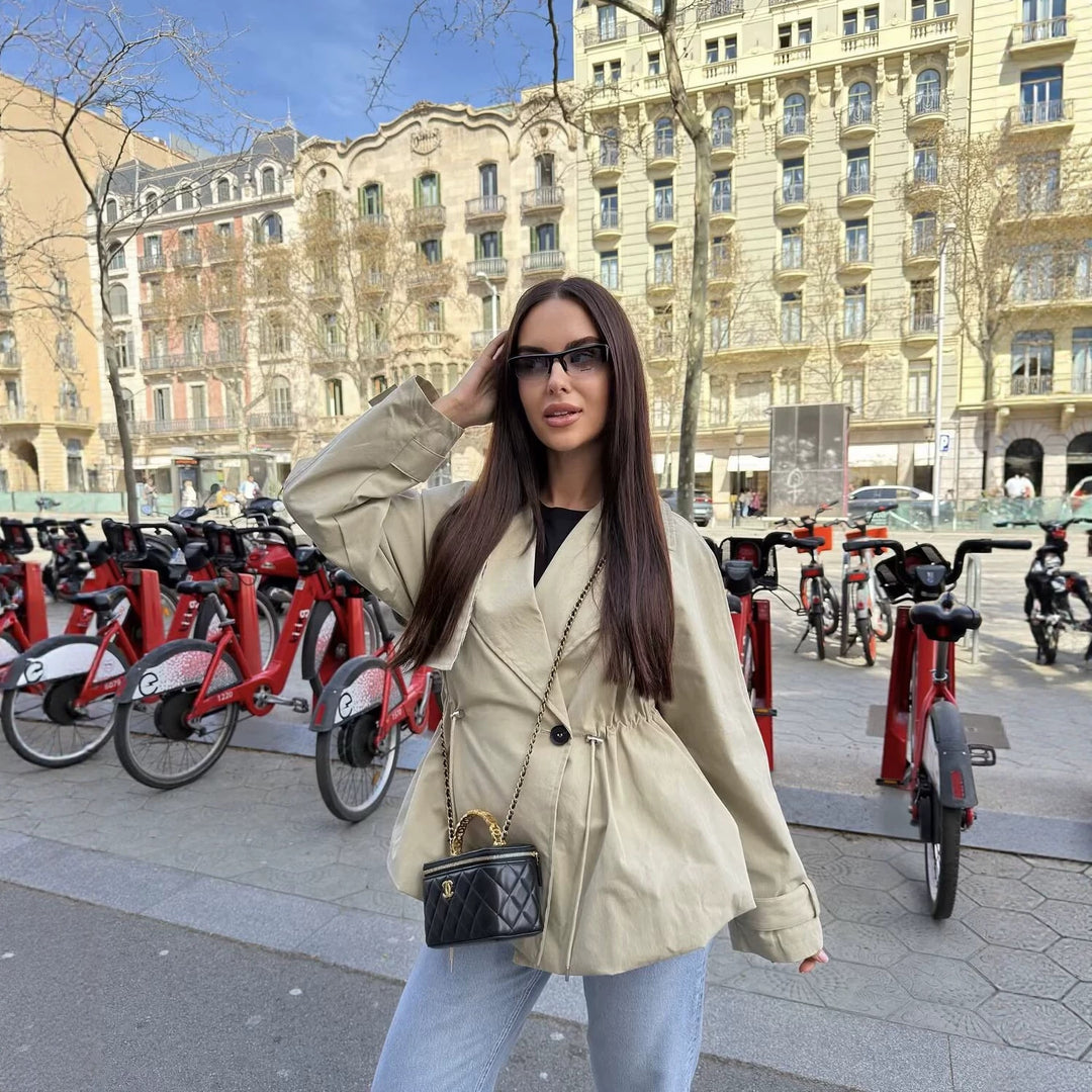Women Short Transitional Jacket with Drawstring Waist, Wide Lapel and Checked Lining Mune Fashion