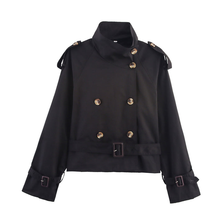 Women's Short Trench Coat with Double Breasted, Stand Collar, Epaulettes and Waist Belt Mune Fashion