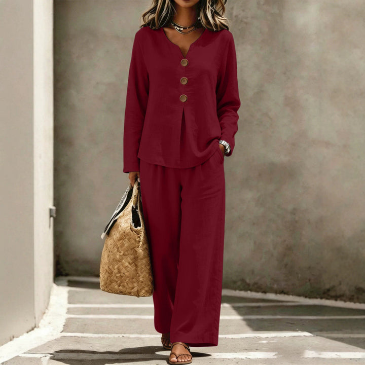 Women's Two-Piece Linen Look Lounge Set with V-Neck, Button Blouse and Wide Palazzo Pants Mune Fashion