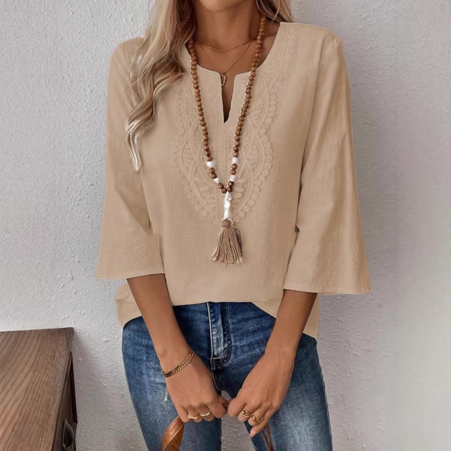 Women's Embroidered Linen Tunic with V-Neck and Three-Quarter Sleeves Mune Fashion