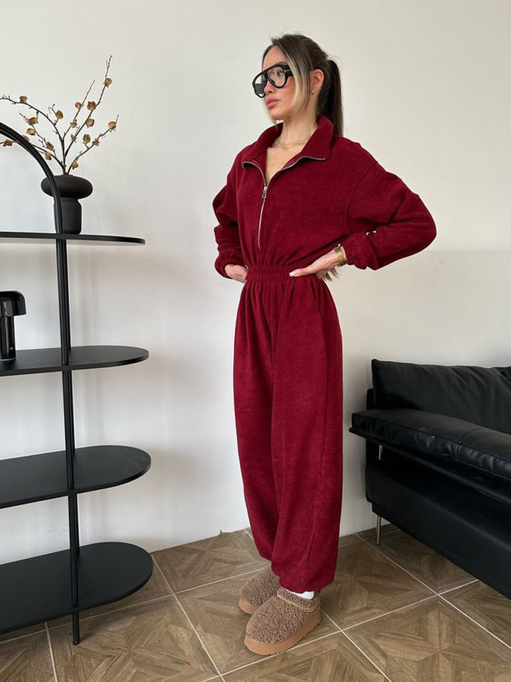 Women's cozy plush jumpsuit with half zipper and elastic waist Mune Fashion