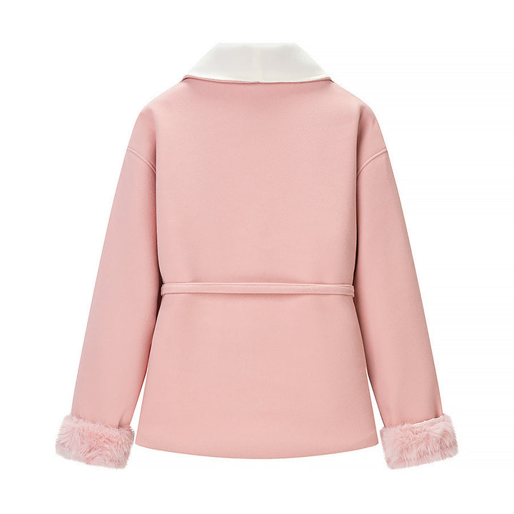 Ladies tailored short jacket with generous shawl collar, tie belt, and faux fur cuffs Mune Fashion